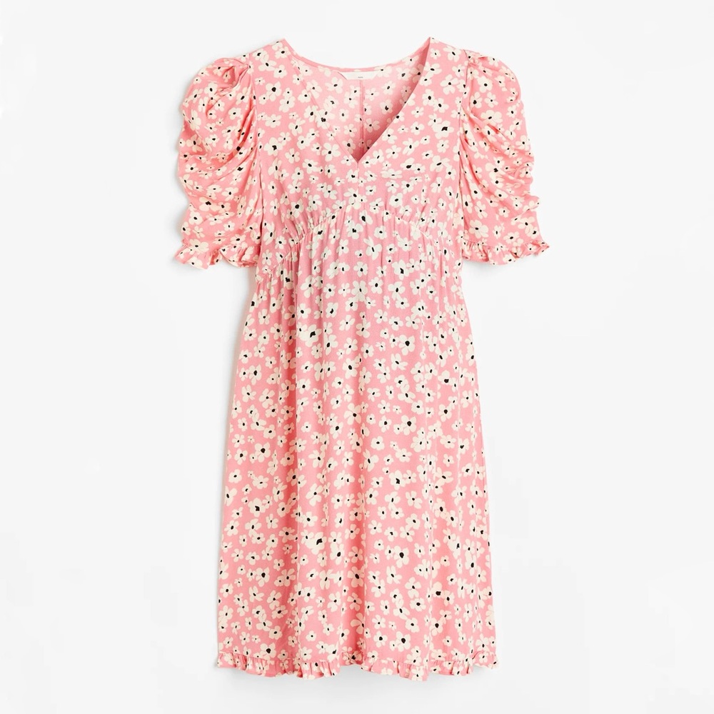 H&M Maternity Mini Dress Pink Floral Mama Frill Trimmed Flower Print Puff Sleeve